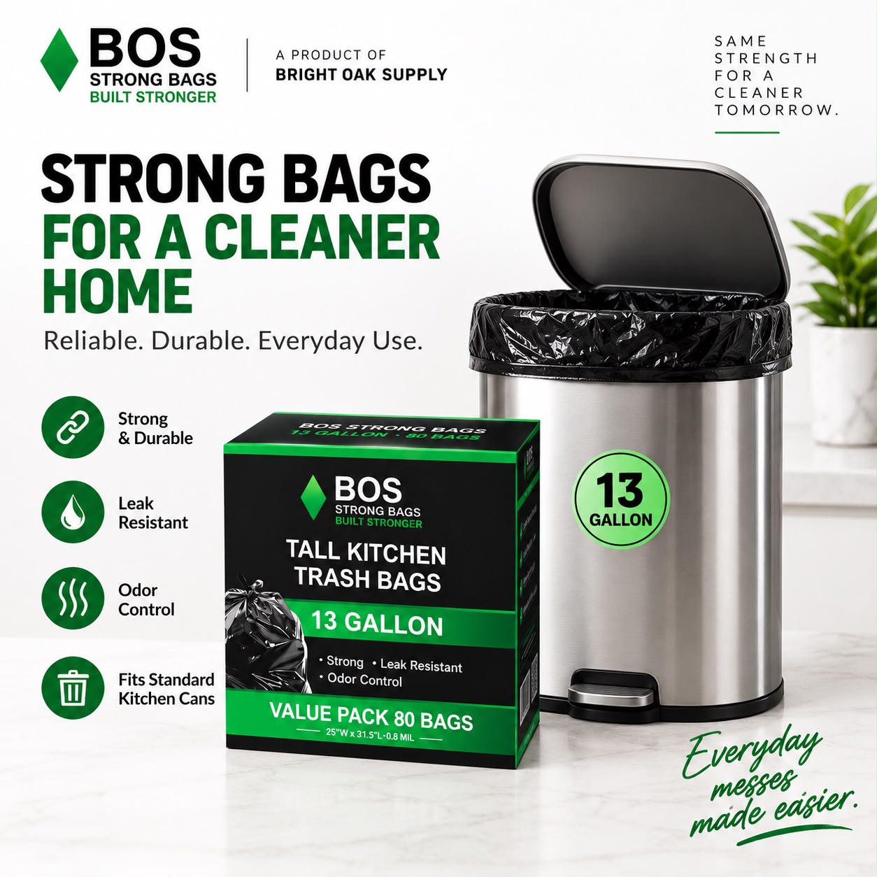 BOS 13 Gallon Tall Kitchen Trash Bags – 80 Bags - Image 2