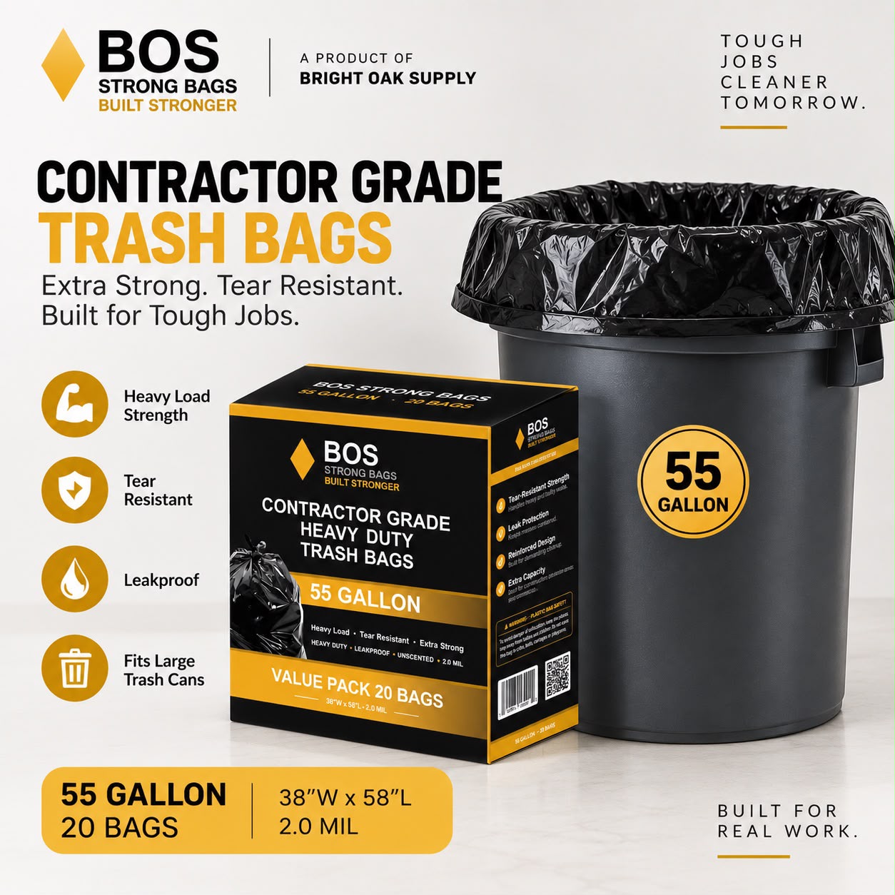 BOS 55 Gallon Contractor Grade Heavy Duty Trash Bags – Carton - Image 2